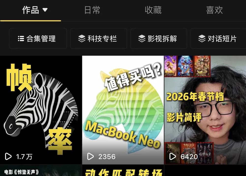 抖音账号作品页截图